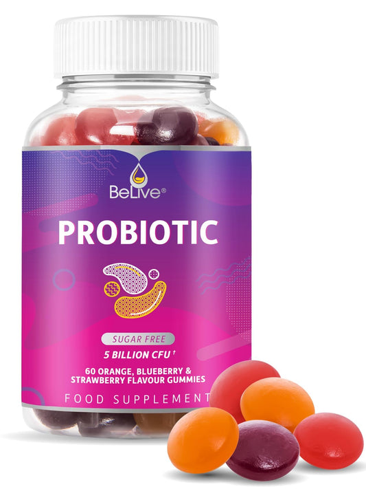 BeLive Probiotic Gummies - Probiotics with 5 Billion CFUs for Digestive Health, Men, Women & Kids - for Immune Support, Sugar Free & Vegan | 60 Ct – Blueberry, Strawberry & Orange (60 Count)