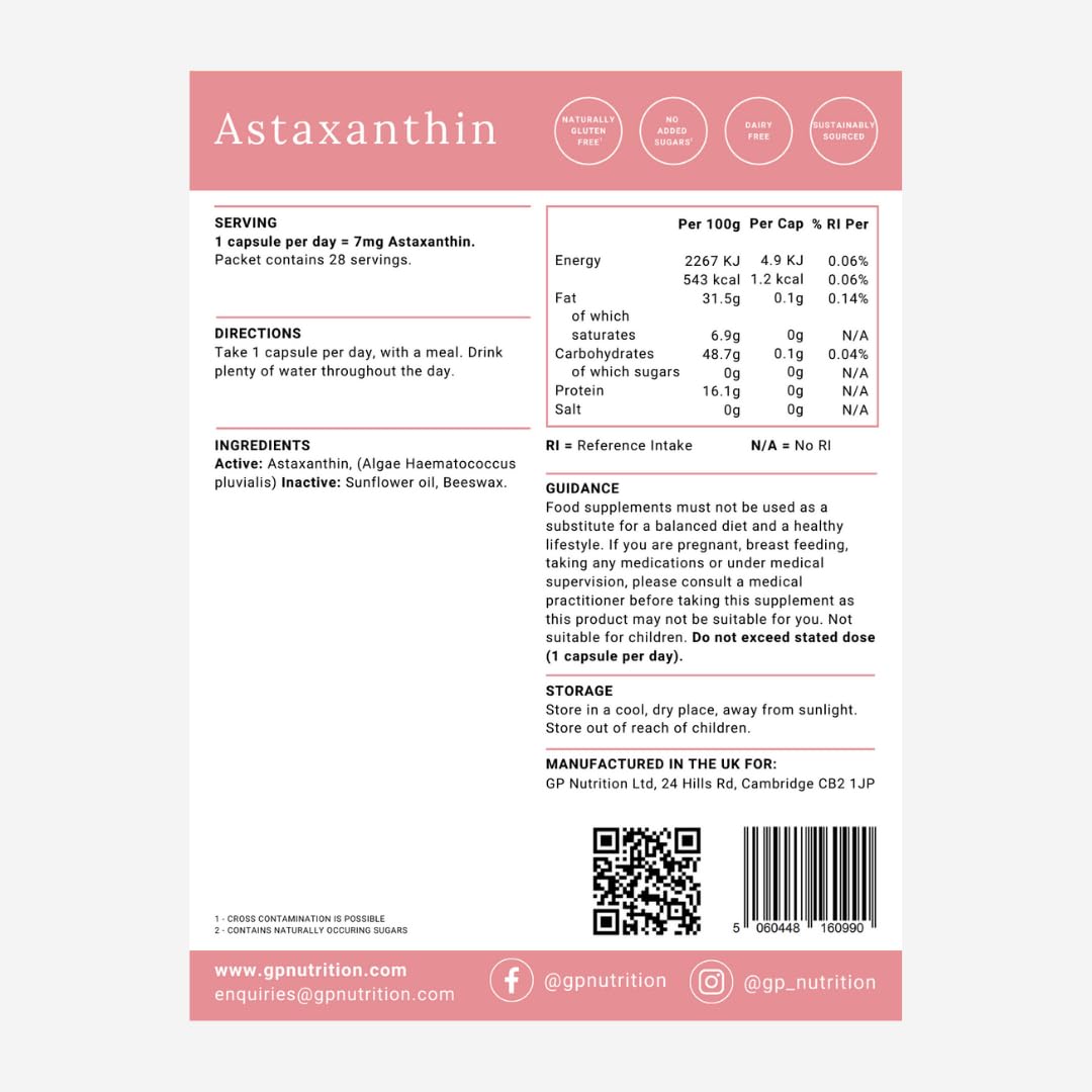 GP Gabriela Peacock Nutrition GP Nutrition Astaxanthin - Super Antioxidant Haematococcus Pluvialis, 100% Pure, Natural & Bioavailable, 28 Capsules (4 Weeks Supply)