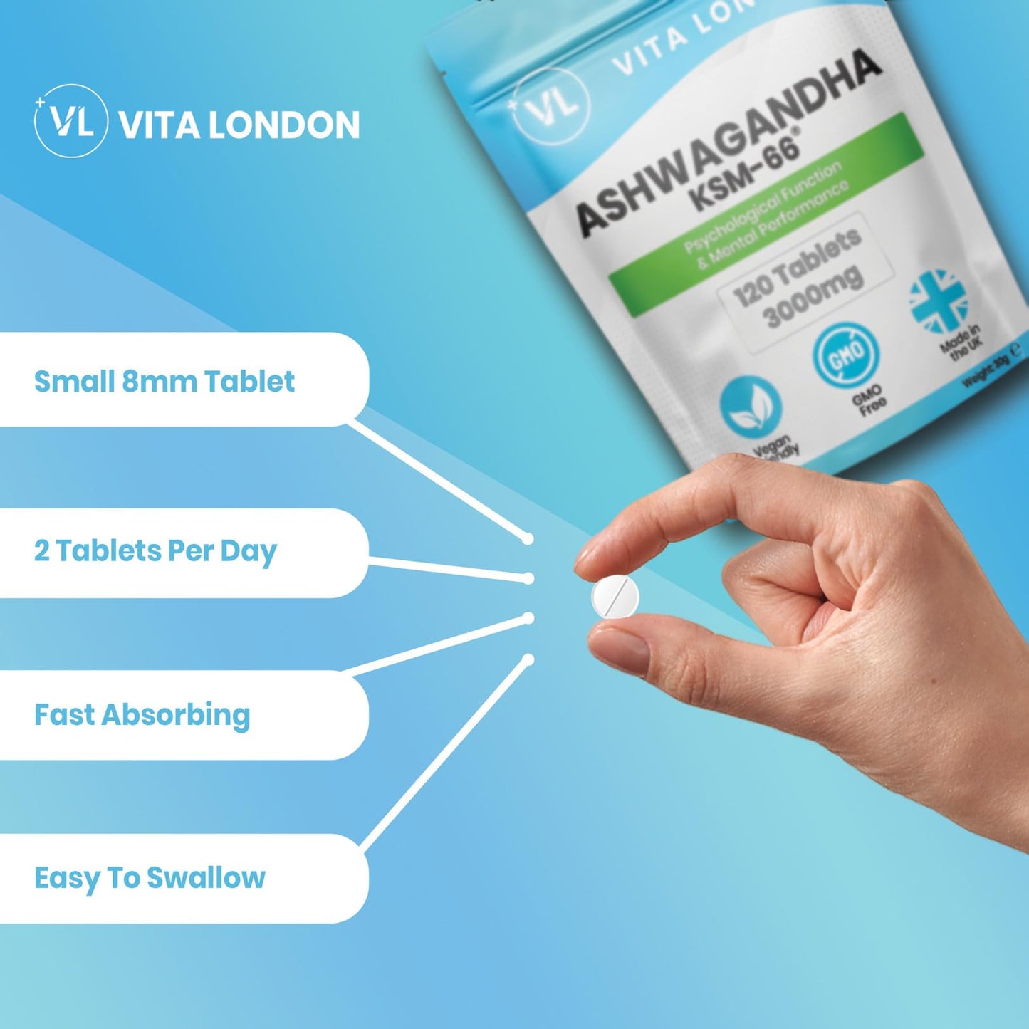 VL Vita London Ashwagandha KSM-66 High Strength Tablets 3000mg | 2 Month Daily Supply | 120 Organic Supplement Tablet (Not Capsule, Gummies or Powder) | Made in UK | Vegan