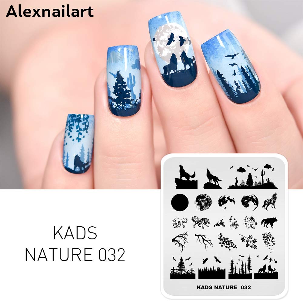 ALEXNAILART Alexnailart Nail Art Stamping Plates Picture Template with Natural Forest Wolf Moon Eagle Branch Pattern for Nail Design Manicure Print DIY Nail Design Nail Polish Transfer Tools