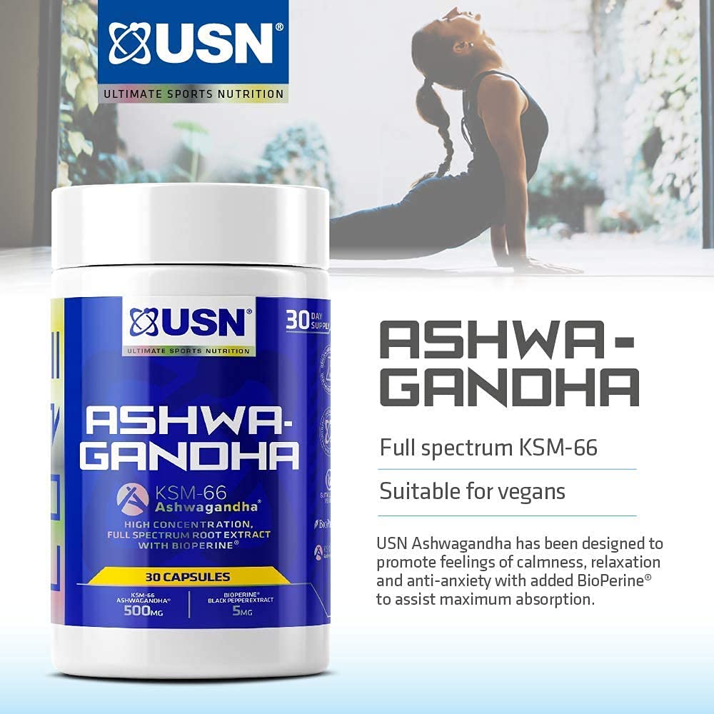 USN Ashwagandha, KSM-66 Dietary Supplement, Premium Natural Stress Relief Supplement, Added Bioperine to Aid with Absorption, High Quality Daily Dietary Supplement - 60 Capsules