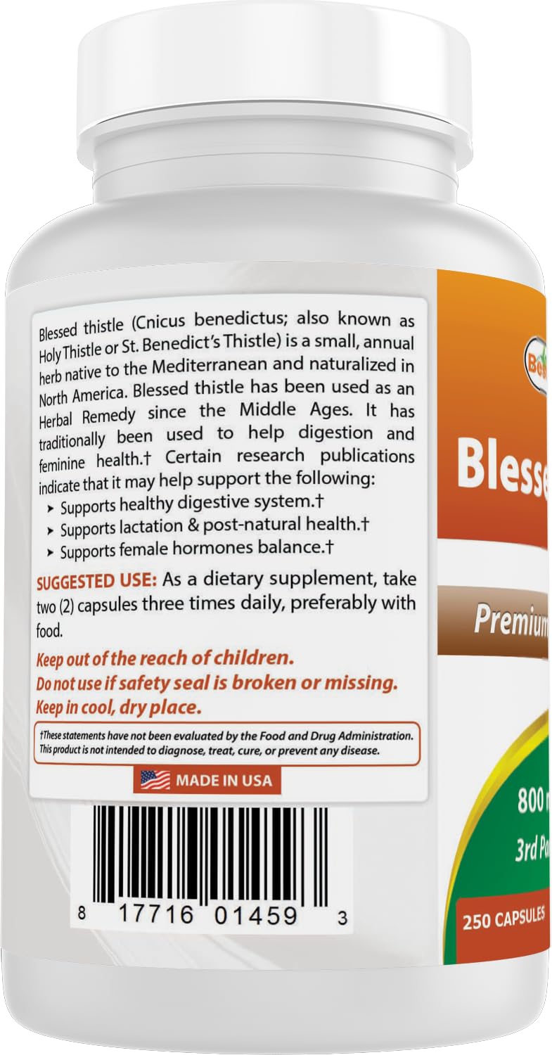 Best Naturals Blessed Thistle Breastfeeding Lactation Capsules - 800mg/Serving - 250 Count
