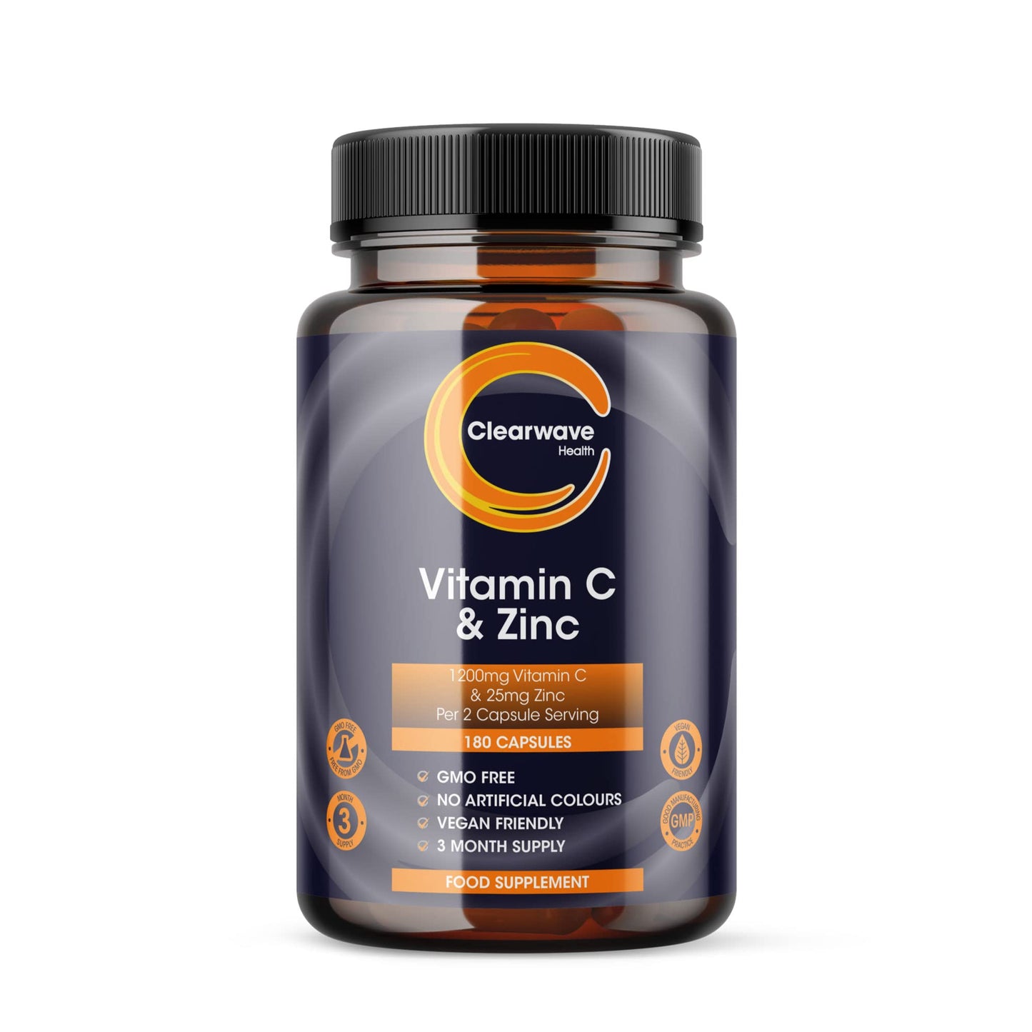 Clearwave Health Vitamin C and Zinc Capsules - Vitamin C 1200mg & Zinc 25mg- Vitamin C & Zinc for Maintenance of Normal Immune System - 180 Vegan Vitamin C & Zinc Capsules (not Tablets) - 2 per Daily Serving