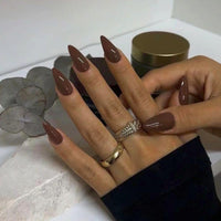 Dark Brown False Nails Medium, SXVME Brown Press on Nails Almond Solid Color Full Cover Fake Nails Medium Almond Nails Press on Reusable Stiletto Stick on Nails for Women DIY Nail Art 24 Pcs