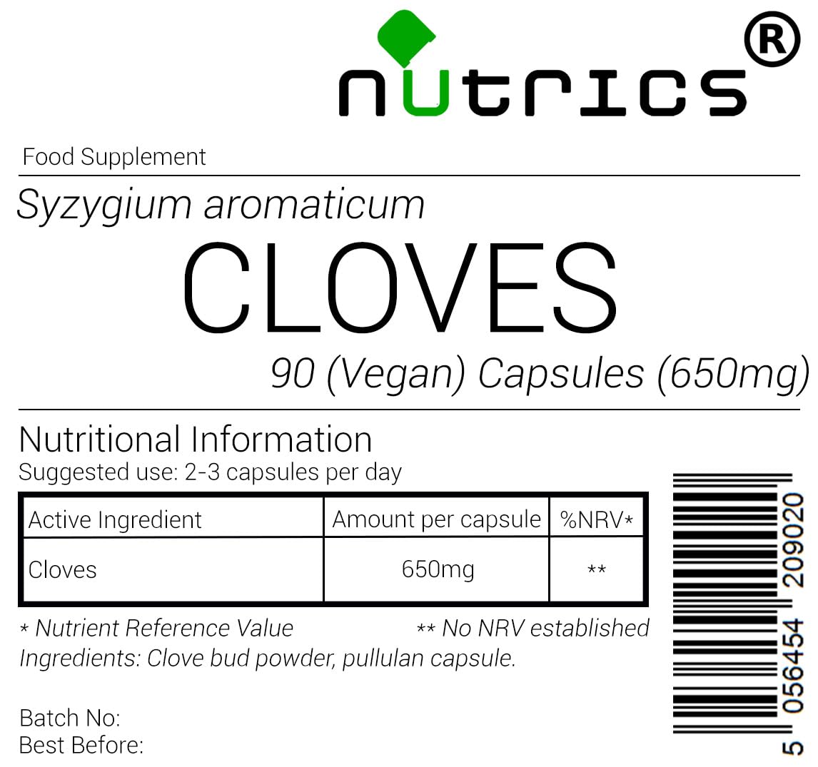 Nutrics® 650mg Clove 100% Pure 90 V Capsules (1 Month Supply) - Cloves Syzygium aromaticum - Suitable for Vegan Vegetarian Halal & Kosher