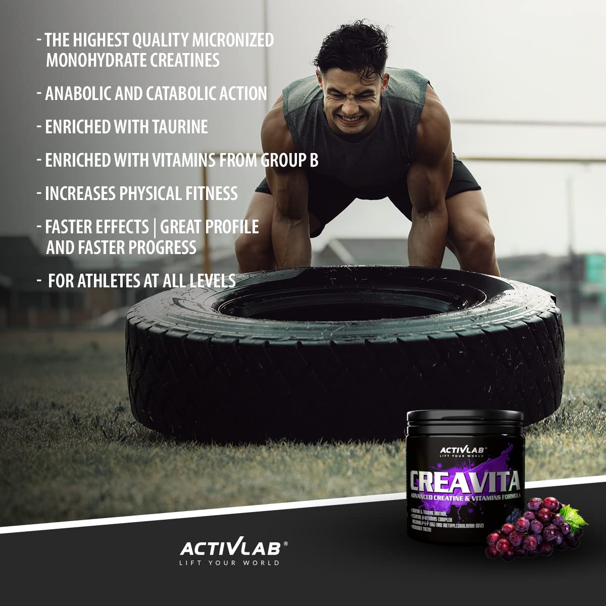 Activlab CREAVITA | Jar 300g | 30 Servings | Grape Flavor | creatine | Taurine | B Vitamins | Increasing Strength | Powder | 3X lab Tested