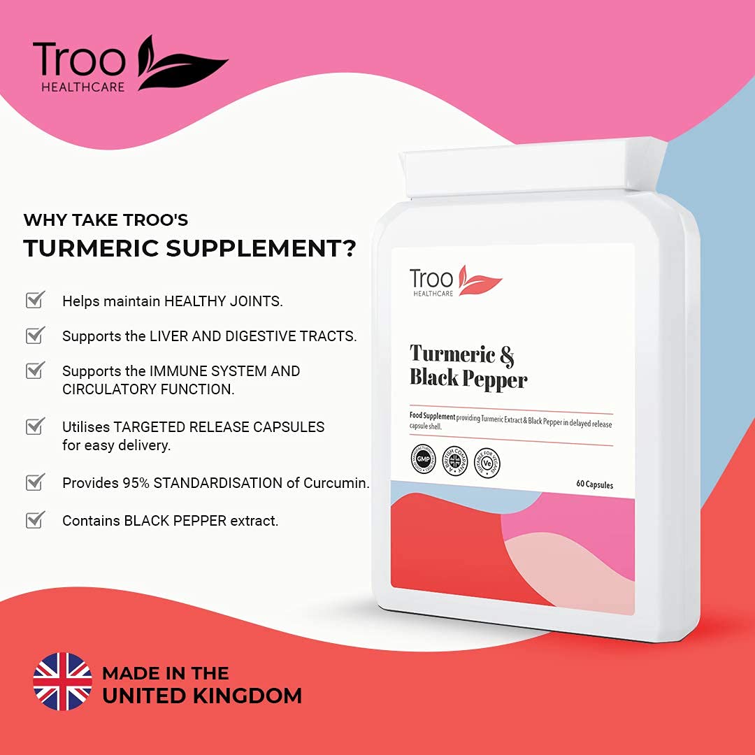 Troo Health Care Turmeric Supplement (500 mg) - 60 Capsules with Black Pepper Extract Piperine | Provides 95% Standardisation of Curcumin | UK Manufactured