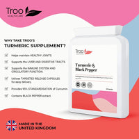 Troo Health Care Turmeric Supplement (500 mg) - 60 Capsules with Black Pepper Extract Piperine | Provides 95% Standardisation of Curcumin | UK Manufactured