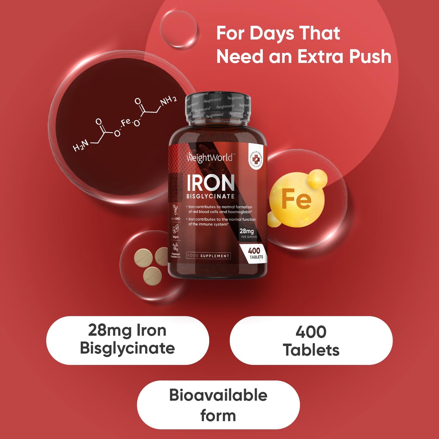 WeightWorld Iron Supplements for Women & Men - 28mg - 400 Tablets (6+ Months Supply) - Highly Bioavailable Ferrous Bisglycinate Form - Non-GMO & Vegan Iron Tablets High Strength - Gentle Formulation