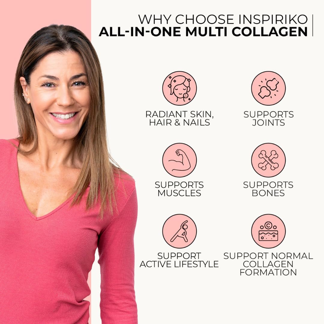 Inspiriko Multi Collagen Powder for Women - 10,000mg Type I, II, III, V & X Hydrolyzed Collagen Supplements for Women with Hyaluronic Acid, Vitamin C, Biotin & Copper, 30 Servings