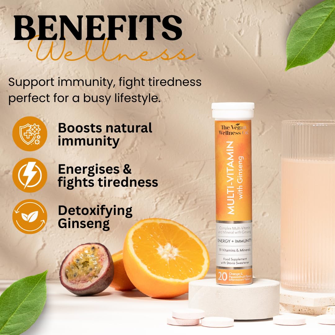 The Vegan Wellness Co. Multivitamin with Ginseng, 19 Nutrients for Energy + Immunity, 40 Effervescent Tablets - Orange and Passionfruit Flavour