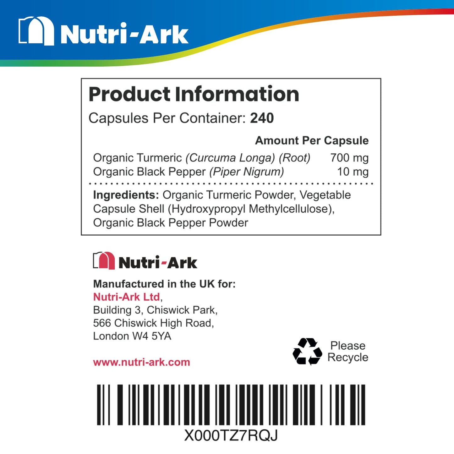 Nutri-Ark Organic Turmeric and Black Pepper Capsules High Strength | Each Capsule Contains 700mg of Turmeric Powder and 10mg of Black Pepper