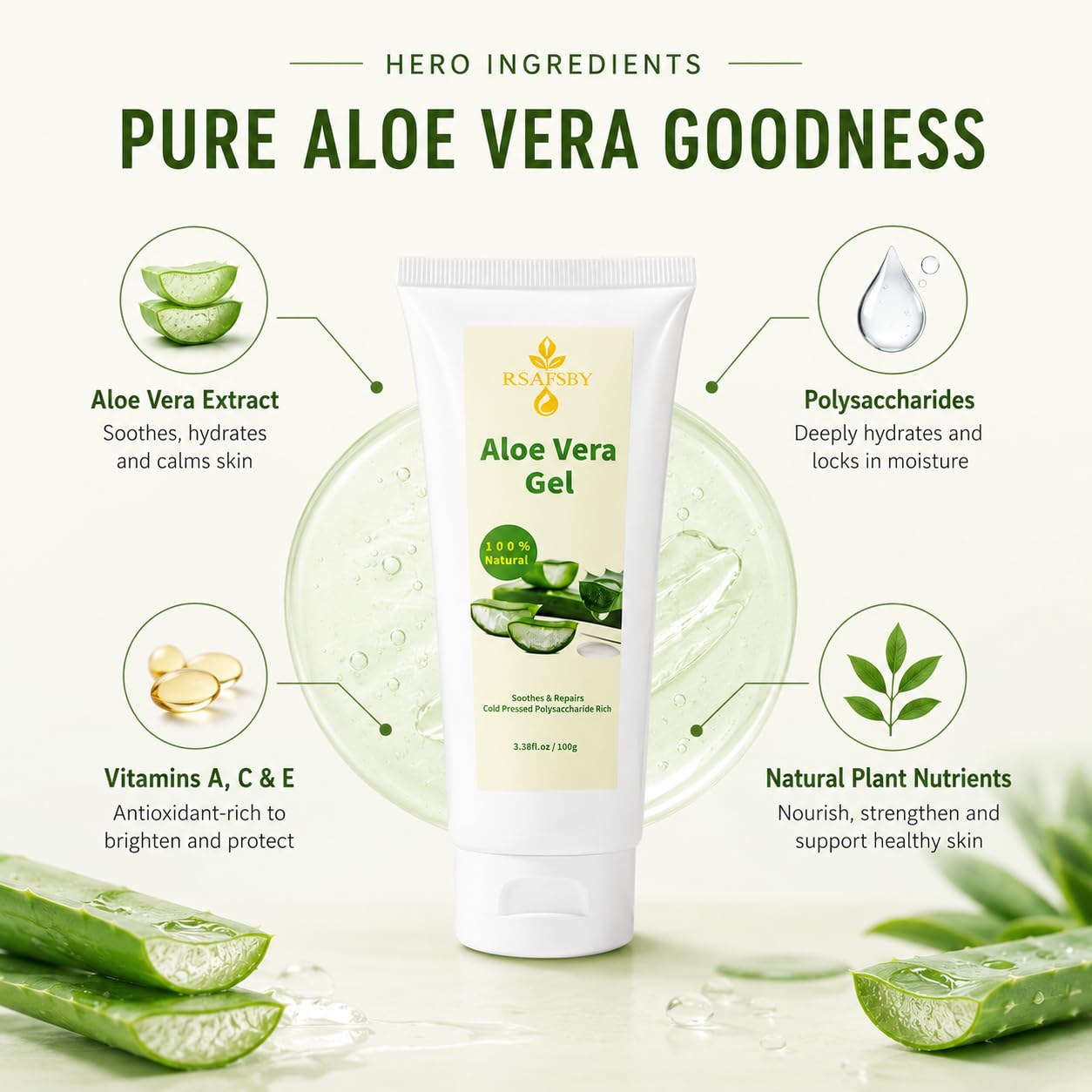 RSAFSBY 100% Natural Aloe Vera Gel for Face, Body & Hair - 100g Cold Pressed - Soothing, Hydrating & Repairing - Relieves Dry Skin, Sunburn, Blemishes & Itchy