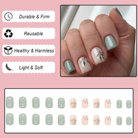 Ceboic 24Pcs Short Square False Nails Glossy French Tips Press on Nails Green Fake Nails with Elegant Leaves Designs Reusable Artificial Stick on Nails for Women Girls Nail Art Accessories