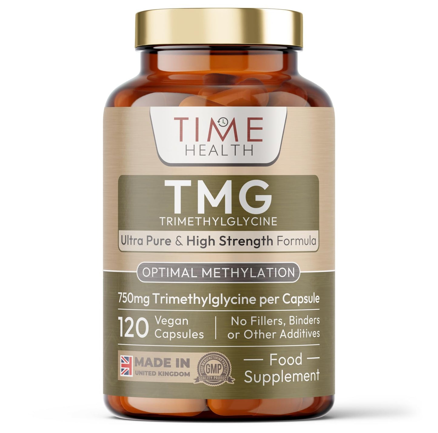 Time Health TMG (Trimethylglycine) - 120 x 750mg Capsules - for Optimal Methylation & Homocysteine Levels - Ultra Pure & High Strength - UK Made to GMP Standards - Pullulan