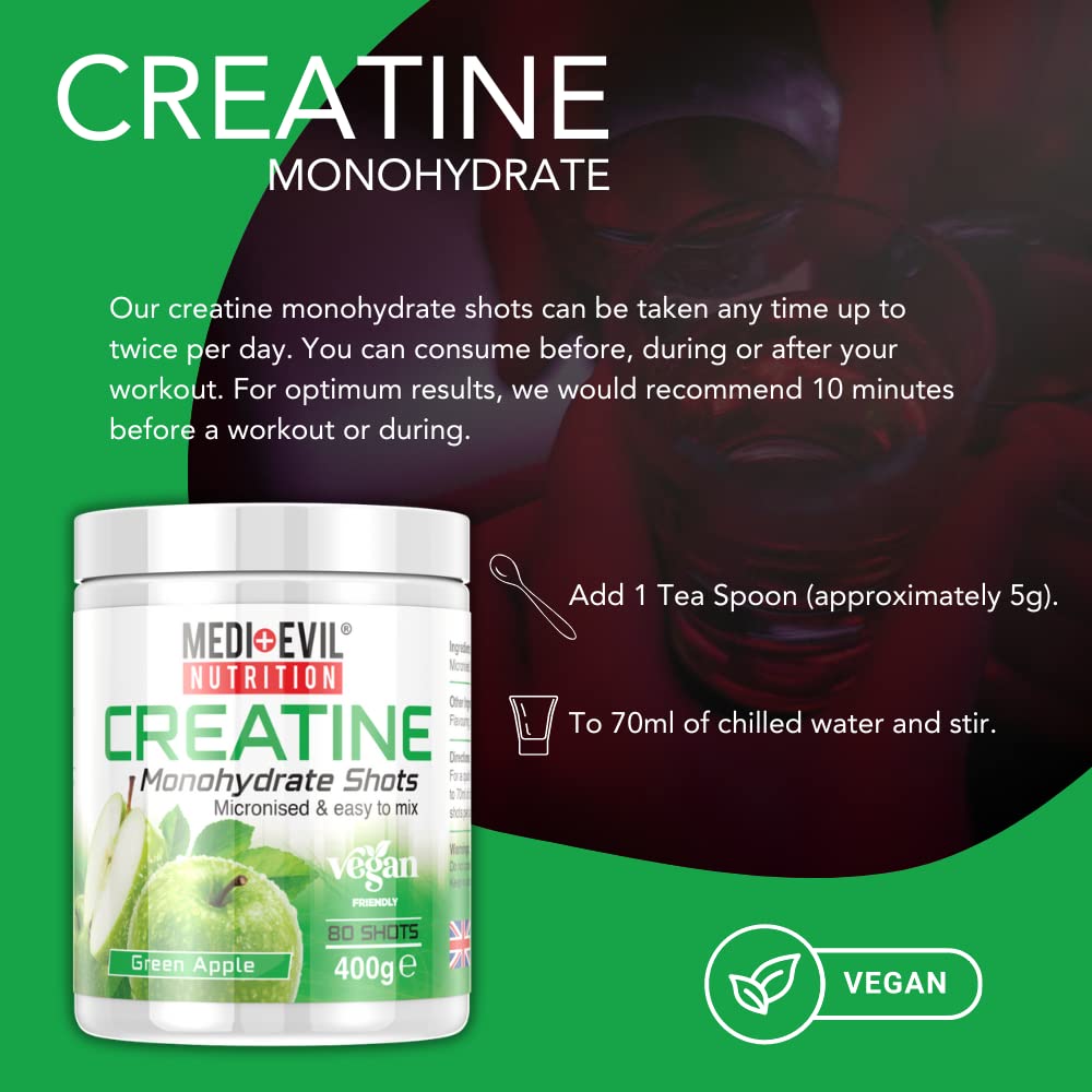 Medi-Evil Nutrition Creatine Monohydrate Powder, Green Apple Flavour, 400g, Micronised for Easy Mixing, Increases Physical Performance