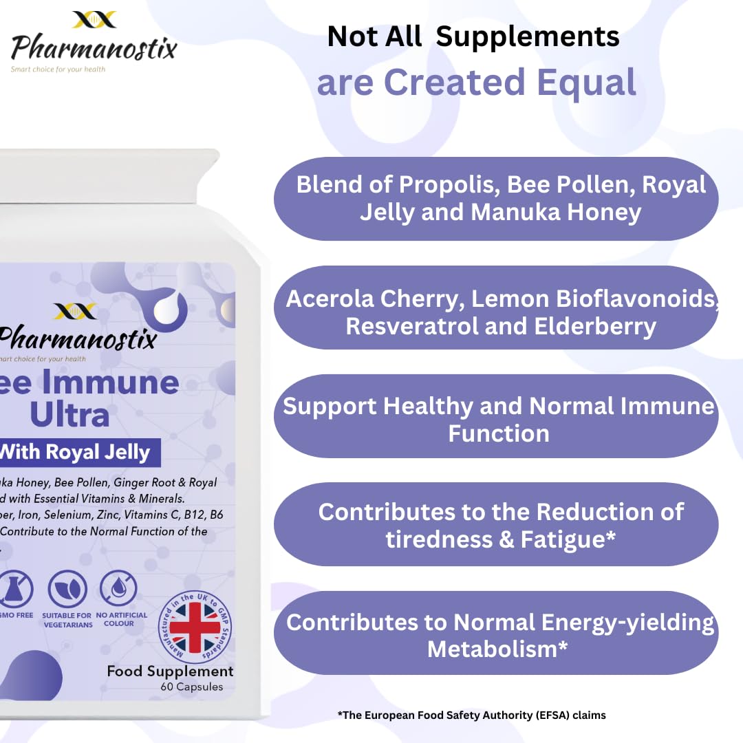 Pharmanostix Ultra Bee Immune 60 Capsules Packed with Bee Pollen, Royal Jelly, Manuka Honey, Essential Vitamins and Minerals, Vitamin C, D & E, Zinc - Ginger Root & Elderberry - UK Manufactured