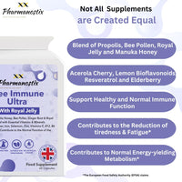 Pharmanostix Ultra Bee Immune 60 Capsules Packed with Bee Pollen, Royal Jelly, Manuka Honey, Essential Vitamins and Minerals, Vitamin C, D & E, Zinc - Ginger Root & Elderberry - UK Manufactured