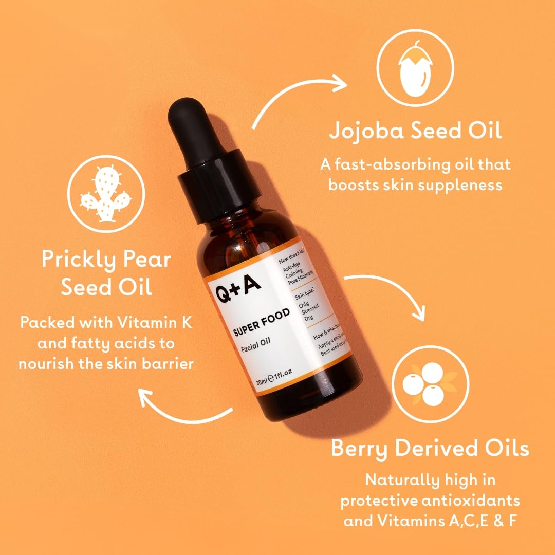 Q+A Super Food Facial Oil (30ml), Natural Vitamin-Rich Face Oil with Jojoba, Vitamin E Oil for Skin, Deeply Nourishes and Hydrates Dry, Sensitive, and Normal Skin, Boosts Skin Radiance and Glow