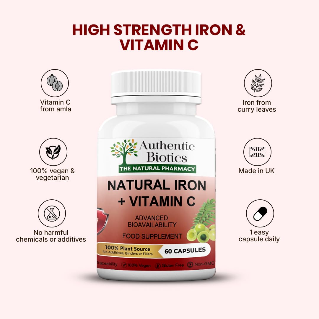 Authentic Biotics Iron & Vitamin C Supplement | 60 Vegan Capsules | Plant-Based Iron from Curry Leaves & Vitamin C from Amla | Supports Energy, Immunity & Reduces Tiredness | 2 Month Supply