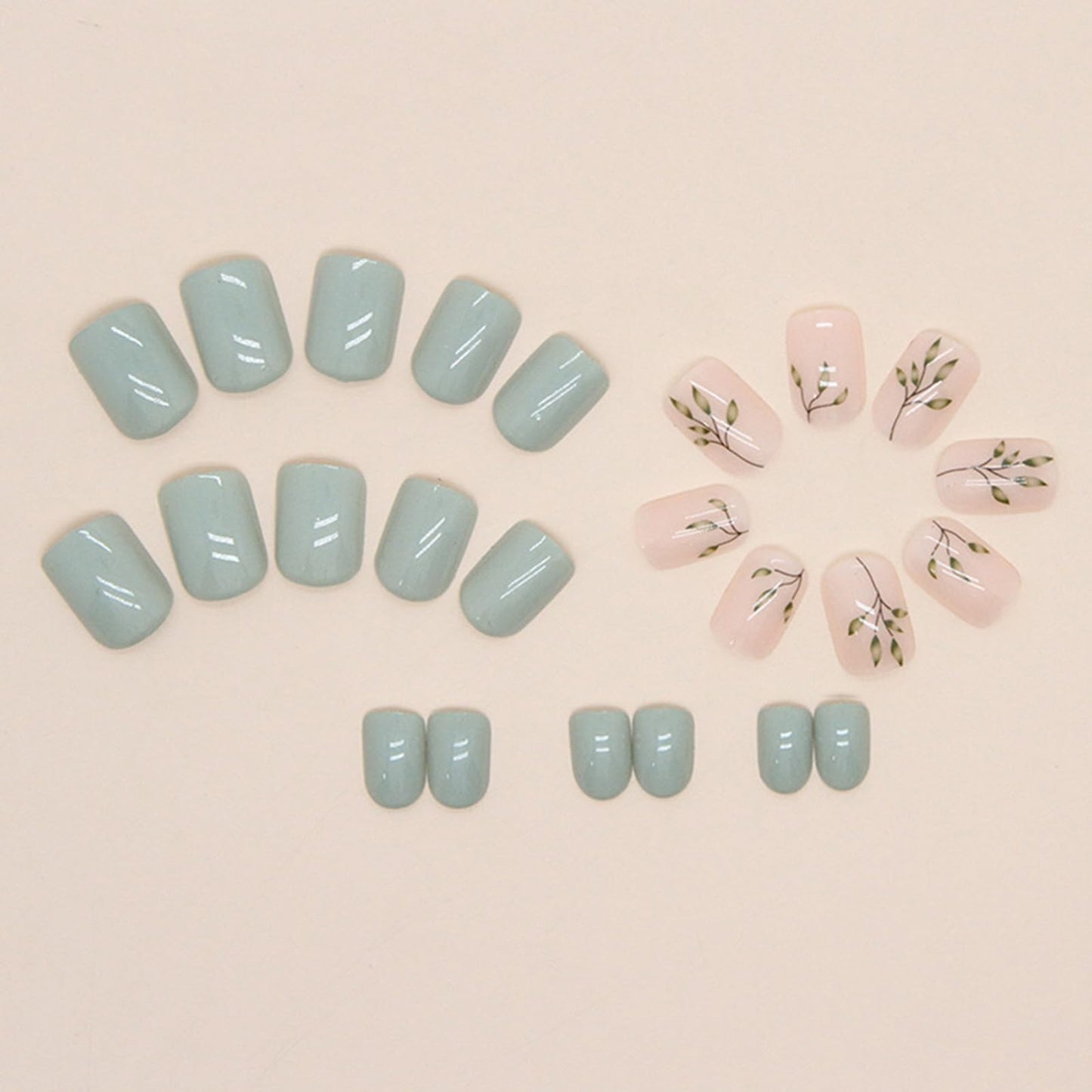 Ceboic 24Pcs Short Square False Nails Glossy French Tips Press on Nails Green Fake Nails with Elegant Leaves Designs Reusable Artificial Stick on Nails for Women Girls Nail Art Accessories