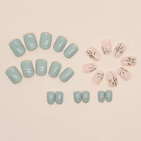 Ceboic 24Pcs Short Square False Nails Glossy French Tips Press on Nails Green Fake Nails with Elegant Leaves Designs Reusable Artificial Stick on Nails for Women Girls Nail Art Accessories