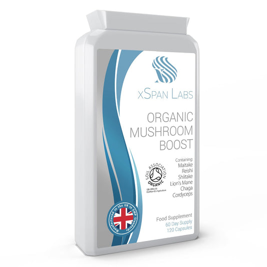 Xspan Labs Organic Mushroom Boost -120 Capsules - Lion's Mane, Reishi, Chaga, Cordyceps, Shitake & Maitake - Added Turmeric & Acerola Fruit – High Strength Beta-Glucans
