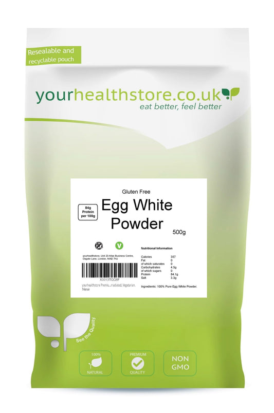 yourhealthstore Premium Non GMO Gluten Free Pure Egg White Powder 500g, High in Protein, No Additives, Not Irradiated, Vegetarian.