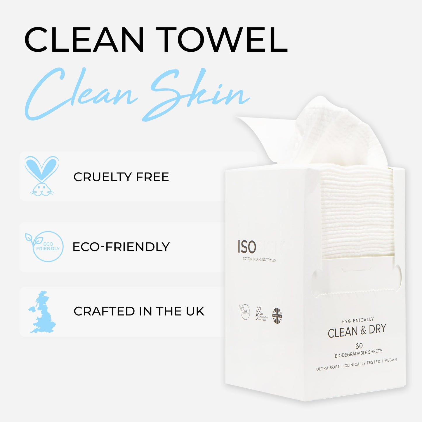 Isoclean ISOCLEAN Soft Cotton Disposable Face Towel – Textured Dry Wipes for Makeup Removal & Facial Cleansing – Ultra Absorbent, Dual-Texture Face Cloth for Sensitive Skin, No Fragrance - Box of 60