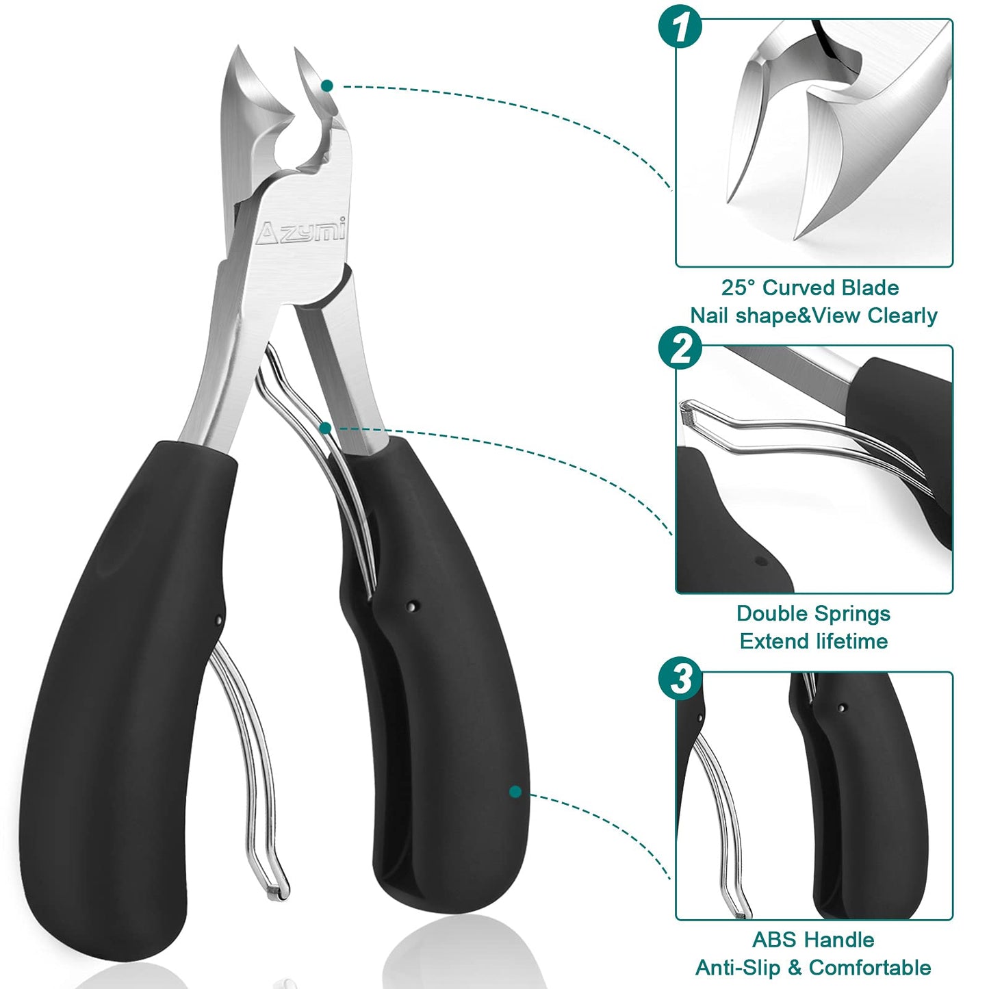 Azymi Toe Nail Clippers for Thick Nails, Heavy Duty Toenail Scissors Cutters Kit with Nail File & Nail Hook, Sharp Curved Blades- Wide Jaw Opening- Soft Handle