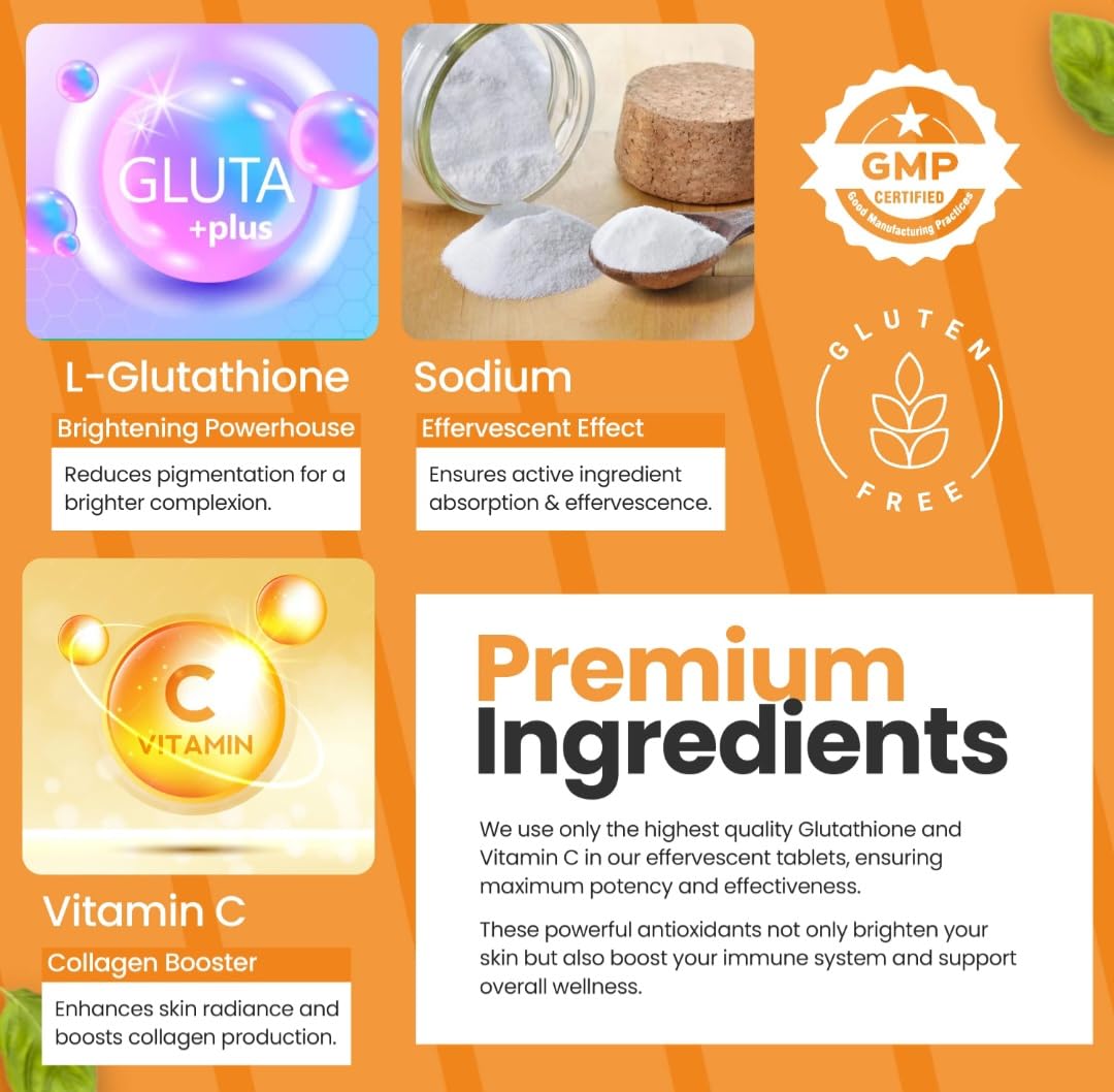 Premium Glutathione 500mg & Vitamin C 500mg Effervescent Tablets - Orange Flavour, Skin Brightening & Antioxidant Supplement, Vegan, Non-GMO - 20 Tablets by Ayaani