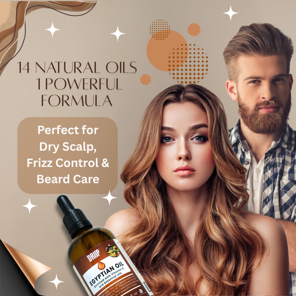 DRIIP Egyptian Hair & Beard Oil Treatment - Enriched with Vitamin E &14 Natural Oils with Biotin - Nourishing Strengthening & Conditioning Hair Growth Oil for Men & Women - Vegan Cruelty Free - 100ml