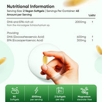 Vegan Omega 3 Capsules (Softgels) - 2000mg per Serving - 90 Softgels (45 Days Supply) - Algae Oil Omega 3 - Derived from Microalgae Schizochytrium - High Strength Omega-3 Nutritional Supplements