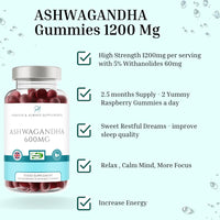 Forever & Always Supplements Ashwagandha Gummies 1200mg per serv High Strength with 5% Withanolides 60mg - 2.5 Months Supply - 150 Raspberry Flavoured Ashwagandha Root Extract Supplement for Men and Women
