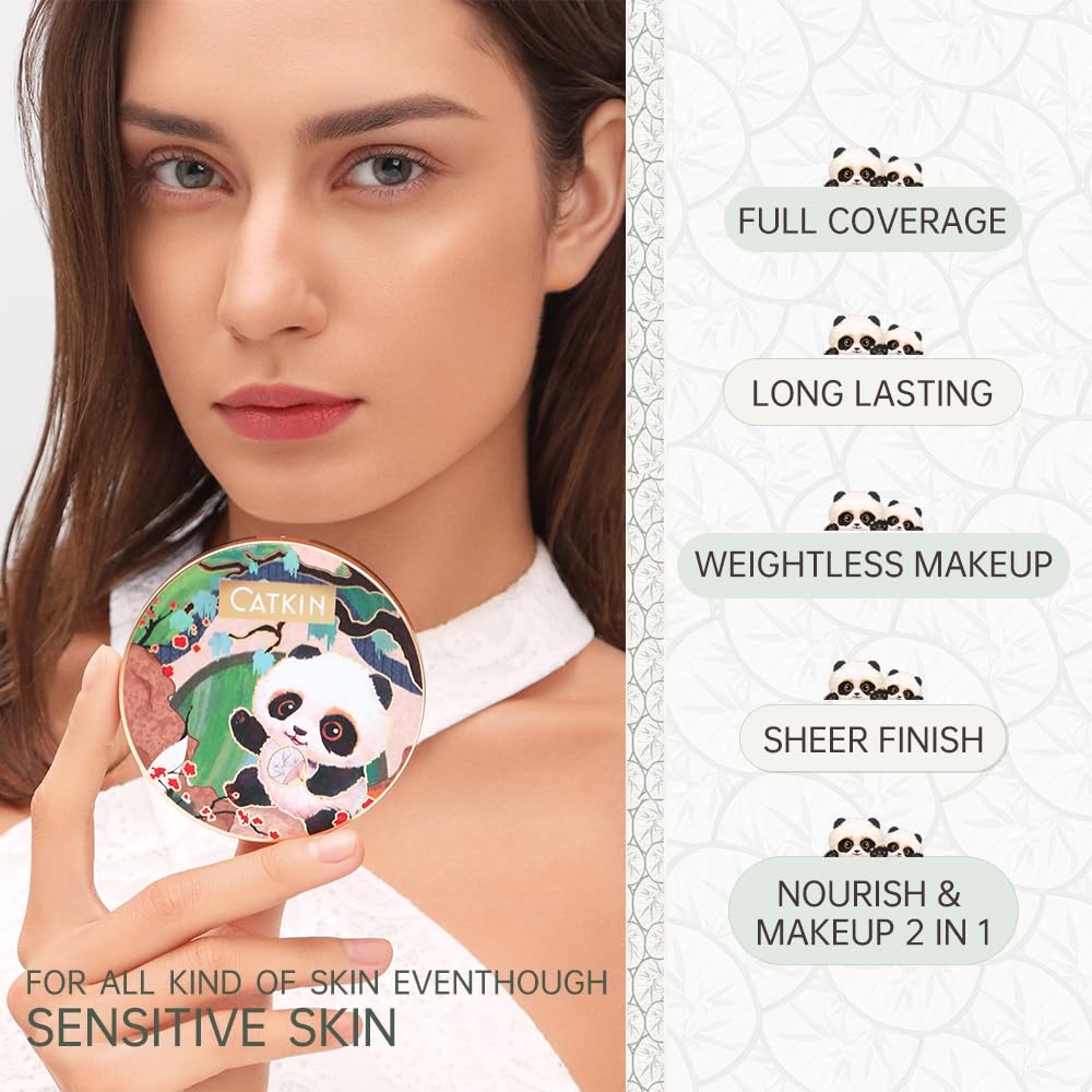 CATKIN Panda Land Foundation Full Coverage, Breathable Cushion Foundation with Nourishing and Long-wearing Formula, Buildable Coverage for Sensitive Skin, 15g*2