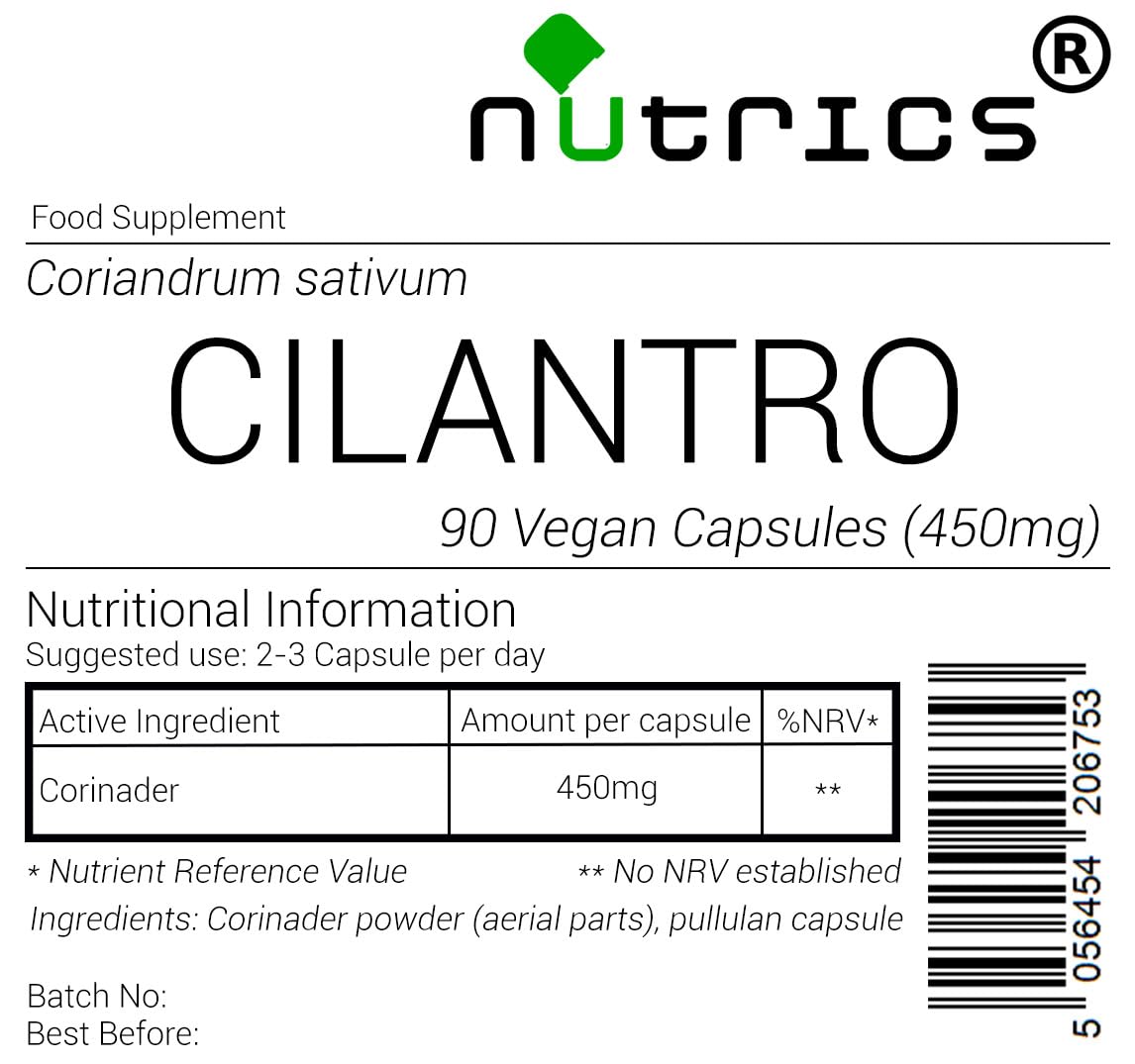 Nutrics® 450mg Cilantro Coriander V Capsules - Supplement - Suitable for Vegan Vegetarian Halal & Kosher Diet – 100% Pure - 90 Vegan Capsules (1 Month Supply) (90)