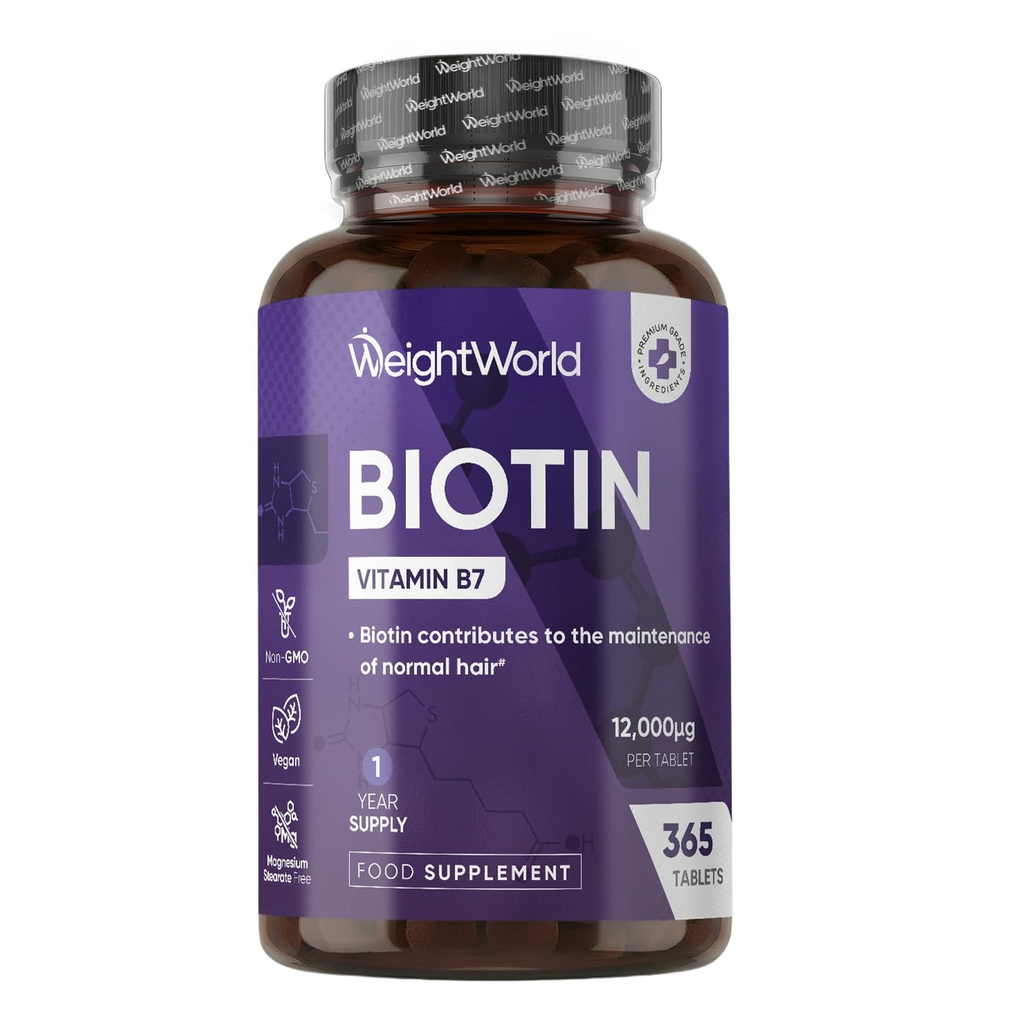 WeightWorld Biotin Tablets - 365 Vegan Tablets - 1 Year Supply - 1 Tablet per Day - 12000mcg Biotin Supplements - Travel-Friendly, Non-GMO & Magnesium Stearate-Free Vitamin B7 Supplement