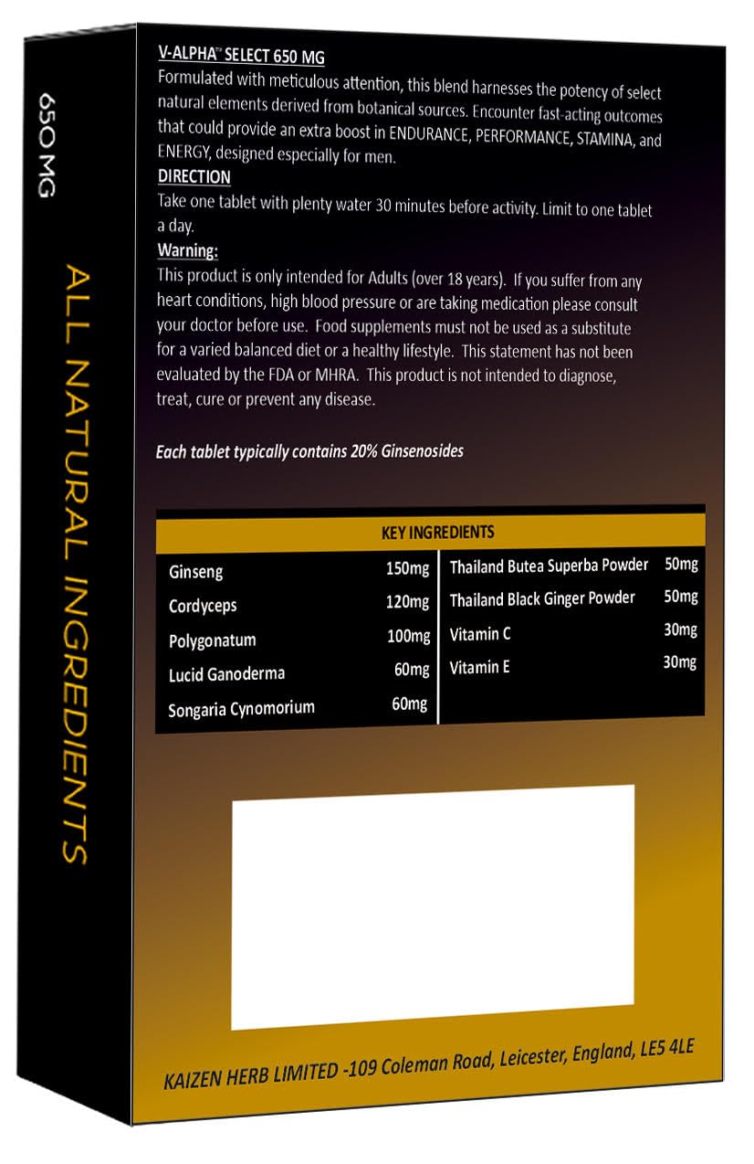 V-ALPHA Select - Longer, Stronger, and Harder – Performance and Stamina Endurance Booster Herbal Supplement for Men with Ginseng – 10 Tablets