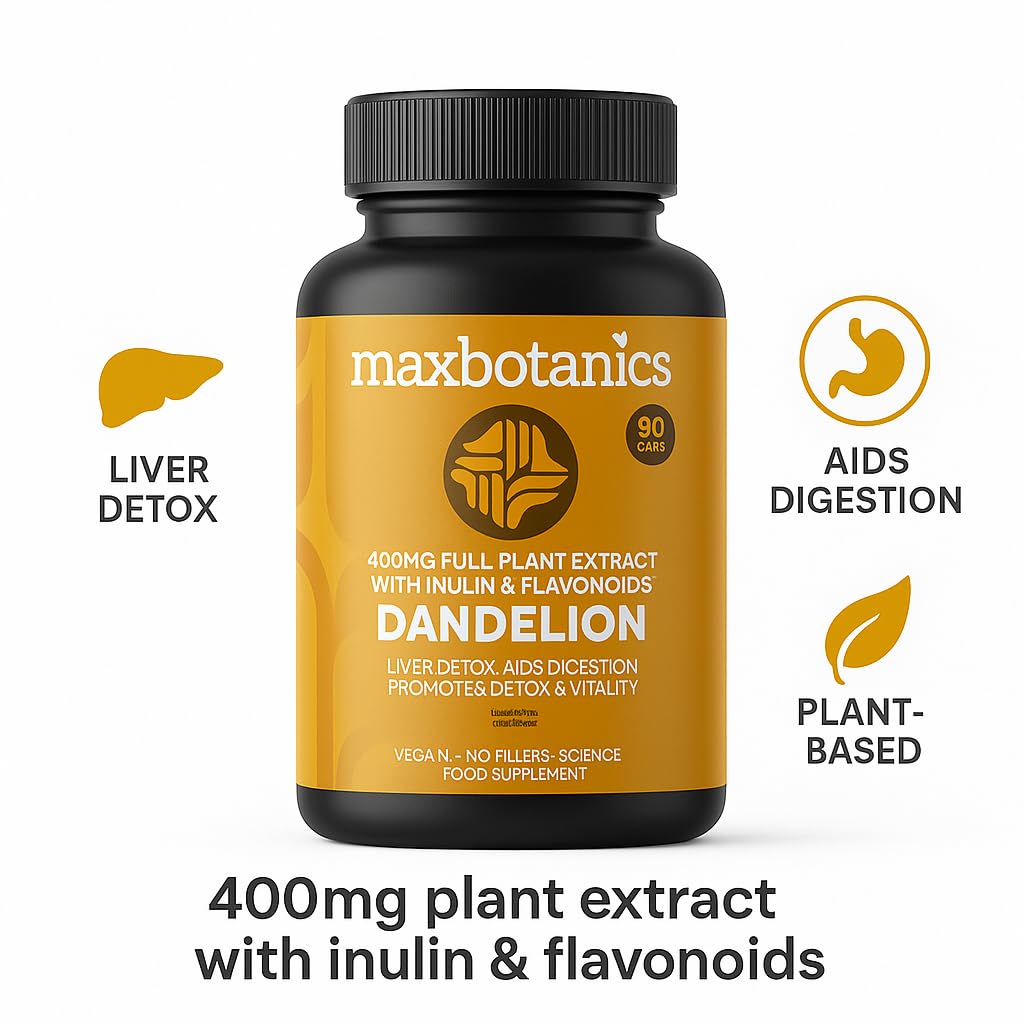 Max Botanics Dandelion Root Leaf Extract and Full Plant Profile Liver Detox Digestion & Vitality with Inulin and Flavonoids Vegan No Fillers or Binders UK Made 90 Capsules