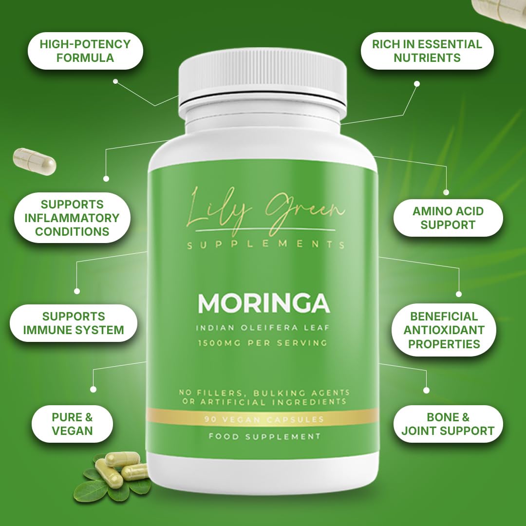 Lily Green Supplements Lily Green Organic Moringa Capsules | High Strength Pure Moringa Supplement | No Artificial Additives | 90 Vegan Capsules | Made in UK