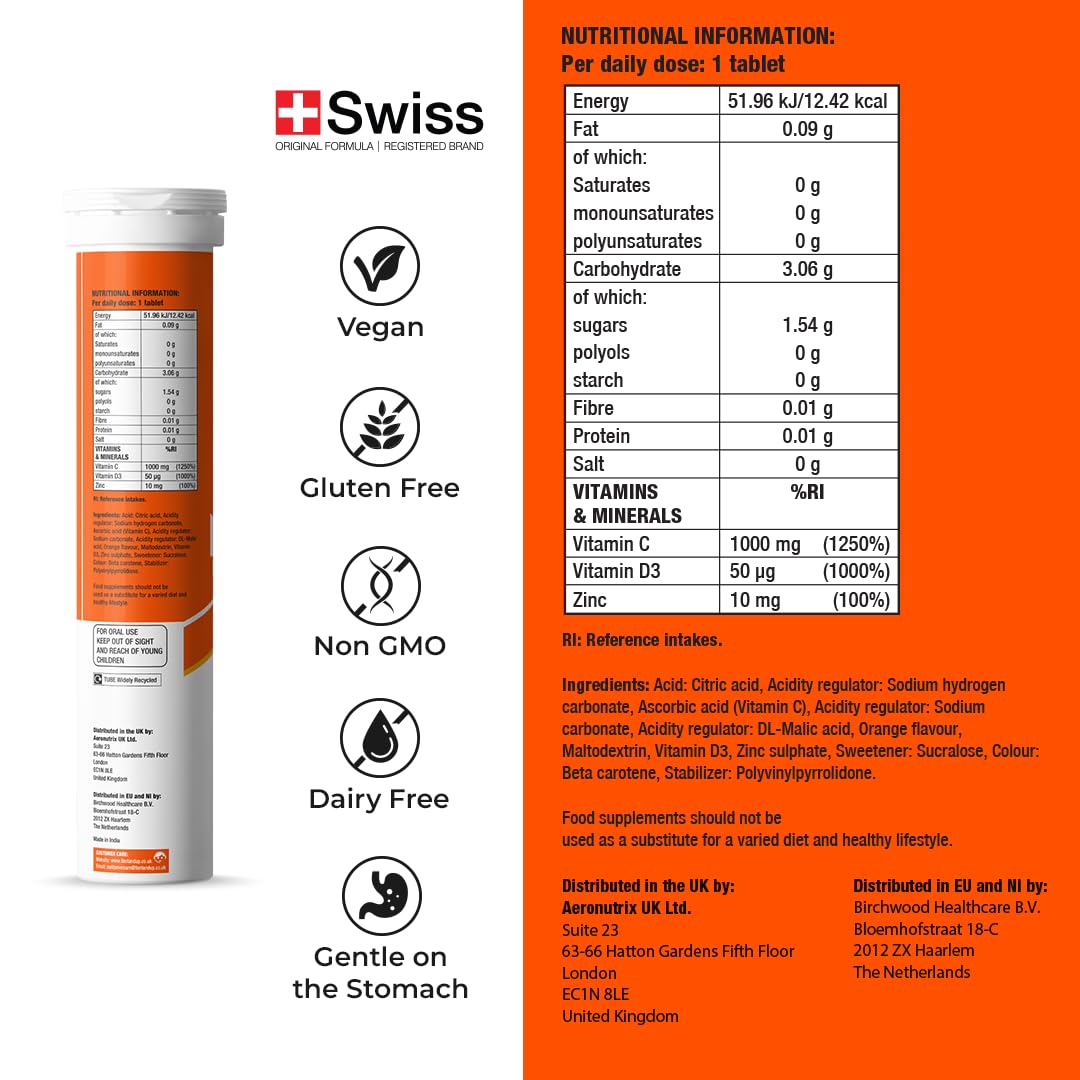 FAST&UP Fast&Up Vitamin C, Vitamin D & Zinc - 20 Effervescent Tablets - Complete Immunity Support - Best Defence - One Daily - Orange Flavour