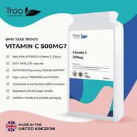 Troo Health Care Vitamin C 500mg Supplement 120 Capsules - High Strength - Easy Swallow - Immune Support Reduces Fatigue