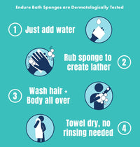 Endure Rinse Free Bath Shower Sponge - Body Wash Wipes for Bathing - Perfect for Camping, Festivals, Gym and Travel - Dry Sponge Wipes with Gentle Cleansing Soap. Just add Water (25 Per Pack).