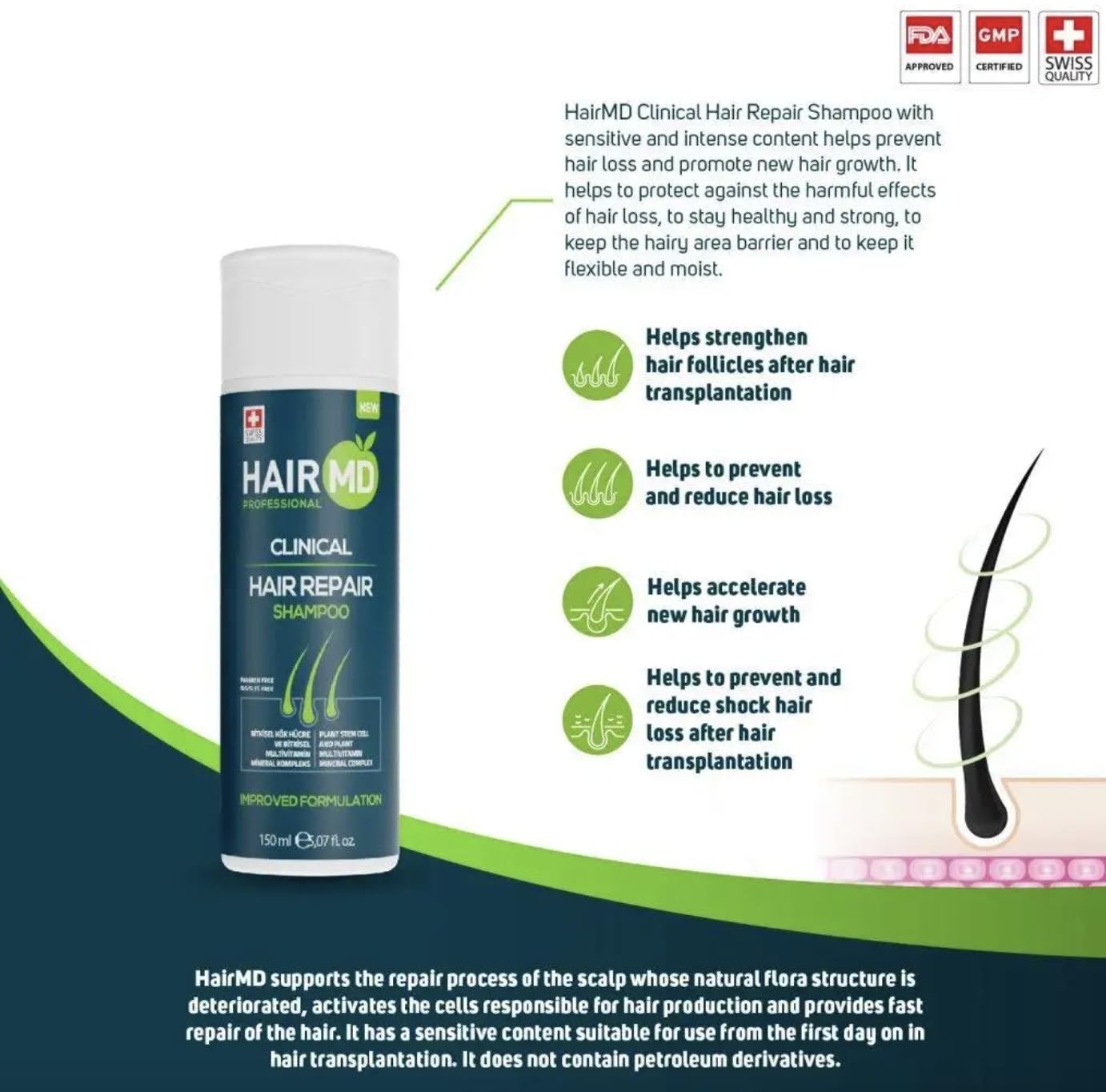Hairmd HairMD Transplant Clinical Repair Shampoo, 100ml Biotin Shampoo for Hair Growth Protects Post-Transplant Scalp - Reduces Itching and Redness - Prevents Hair Loss