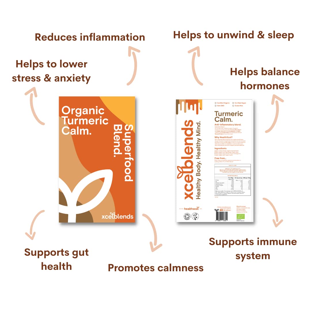 Healthxcel High Strength Turmeric Powder Organic, Black Pepper, Ginger, Flaxseed Protein, Ashwagandha, Maca Root, Date Powder Turmeric Supplement 150g - Immune Support, Inflammation Relief & De-Stress