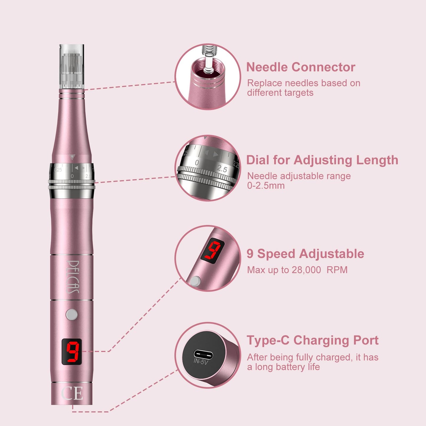 Microneedling Pen 9-Speeds,PELCAS Dermapen 0-2.5mm Adjustable with 12 Pcs Cartridges Type-C Rechargable Electric Derma Pen with LCD Screen for Anti-Aging Skin Care Wrinkle Stretch Marks Hair Loss