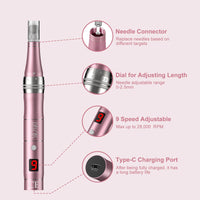 Microneedling Pen 9-Speeds,PELCAS Dermapen 0-2.5mm Adjustable with 12 Pcs Cartridges Type-C Rechargable Electric Derma Pen with LCD Screen for Anti-Aging Skin Care Wrinkle Stretch Marks Hair Loss