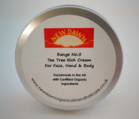 New Dawn Organic Natural Tea Tree Rich Cream/Moisturiser for Dry skin - Range No.5 - Made with Coconut, Rosehip and Starflower Oil (250ml)