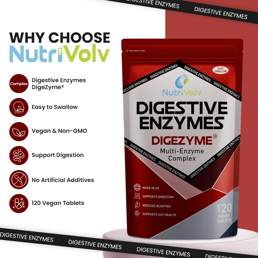 Digestive Enzymes | 120 Tablets | DigeZyme® | Contains Amylase, Lactase, Lipase, Protease & Cellulase | Digestion Support, Gut Health, Bloating & Discomfort Relief | Vegan | UK Made | by NutriVolv