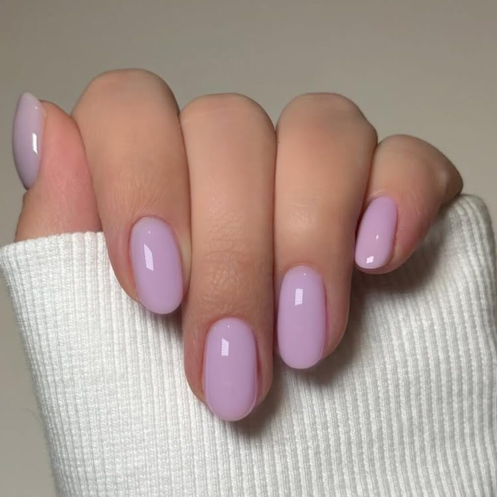 SXVME Pastel Lavender Purple Press On Nails Short Oval, Glossy Short False Nails Almond, Salon Quality Manicure, Reusable Soft Gel Fake Nails for Women Everyday Wear, 24 Pcs